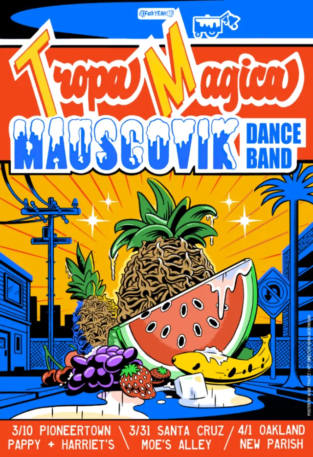 Colorful psychedelic poster featuring fruit and urban elements by Augie Trautz