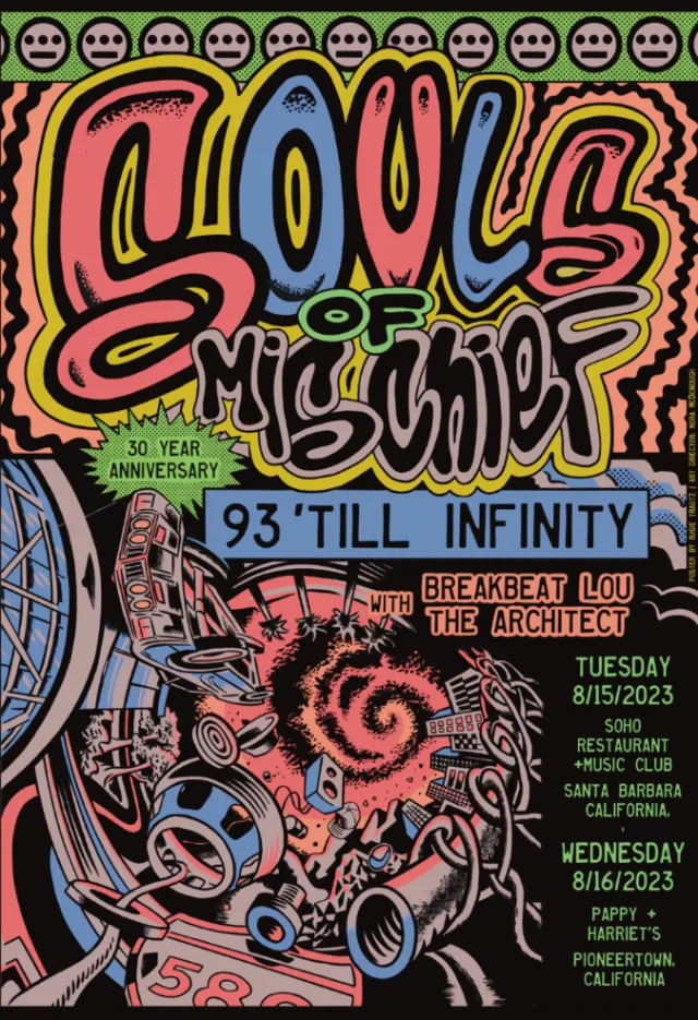 Poster for hip-hop group Souls of Mischief 30 year anniversary by Augie Trautz