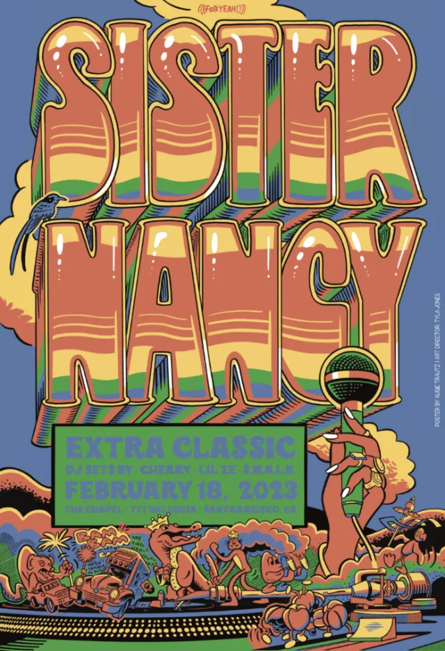 Colorful poster of reggae icon Sister Nancy with bold text and tropical design by Augie Trautz