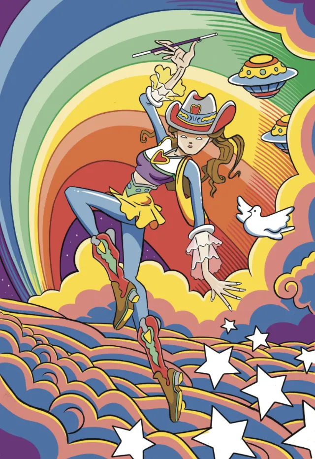 Cosmic Cowgirl dancing in clouds at sunset with UFOs – artwork by Augie Trautz