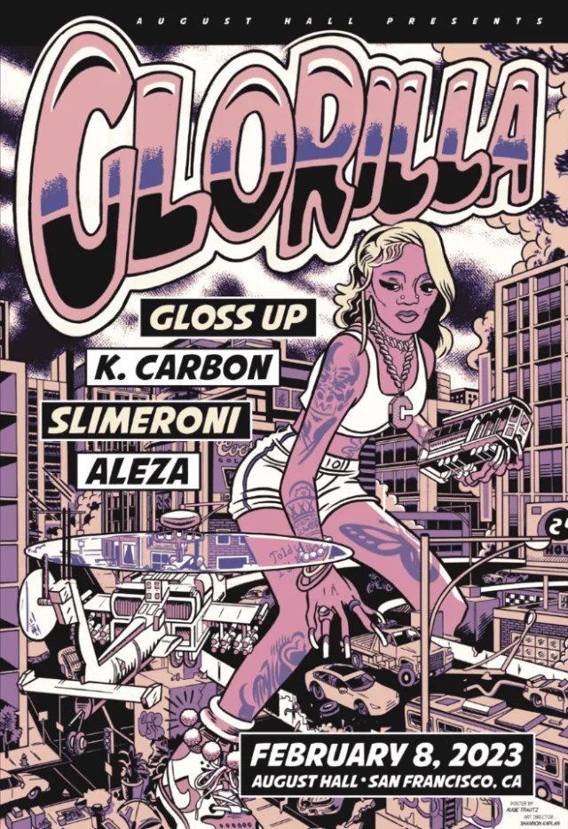 Glorilla concert poster with giant woman over cityscape by Augie Trautz
