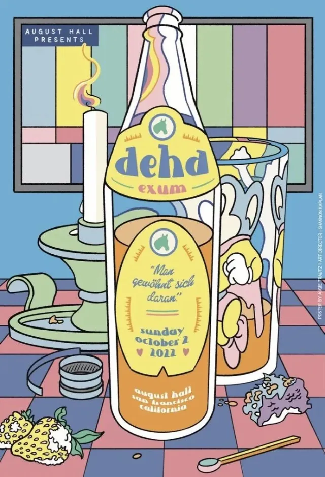 Poster of Dehd band with bottle and glass in colorful room by Augie Trautz