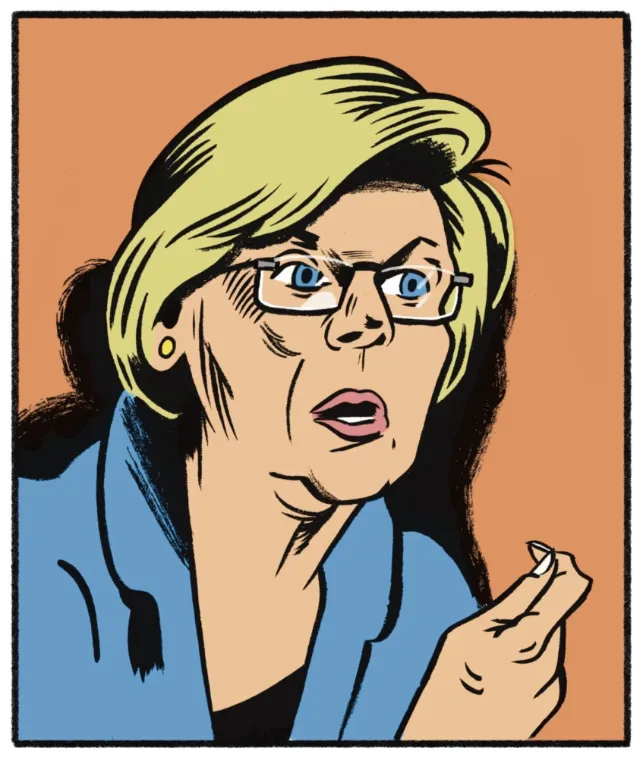Editorial portrait of Elizabeth Warren with glasses speaking, by Augie Trautz