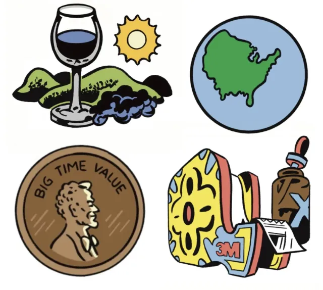 Humorous editorial icons including wine, US map, penny, and tape dispenser by Augie Trautz