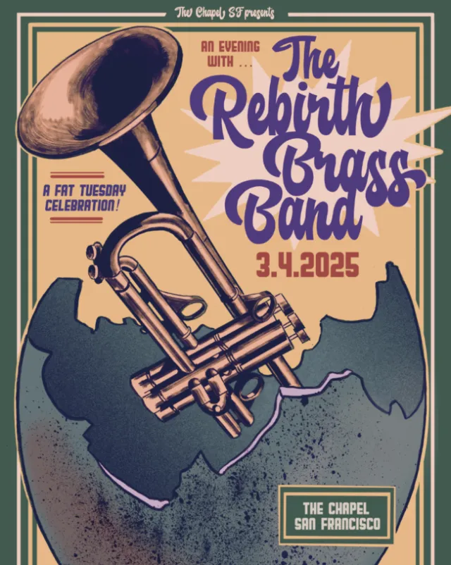 Poster of Rebirth Brass Band playing Fat Tuesday event, artist Augie Trautz