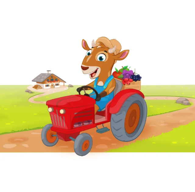 Cartoon goat driving red tractor with grapes on farm by Andreas Besser