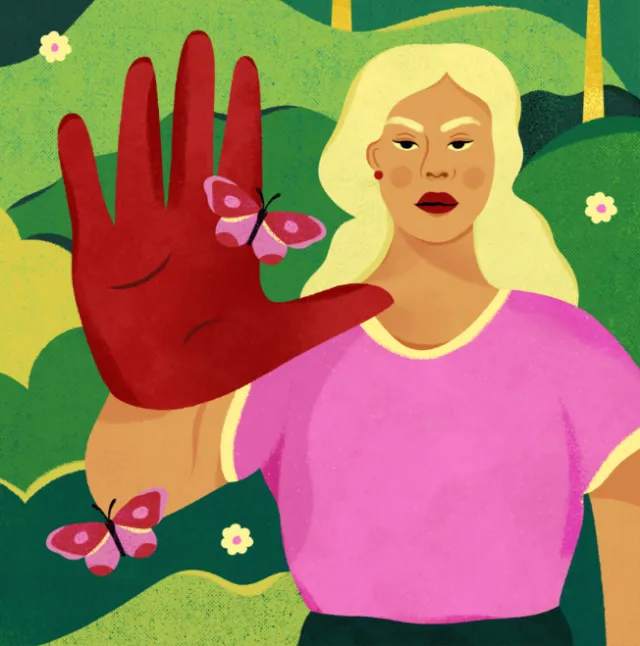 Woman with raised red hand and butterflies by Barbara Tamilin