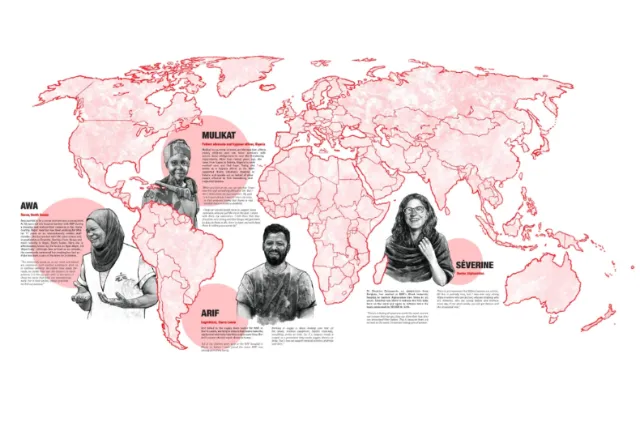 Illustrated world map by Emmeli Markegård showing four MSF workers