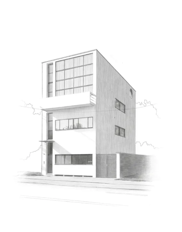 Pencil sketch of a modern house designed by Corbusier by Dena Cooper