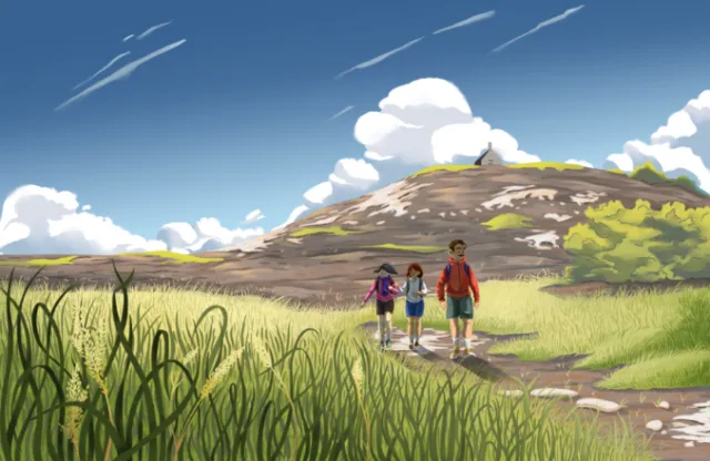 Three children walking on a stone path in a sunny landscape by Luiza Laffitte