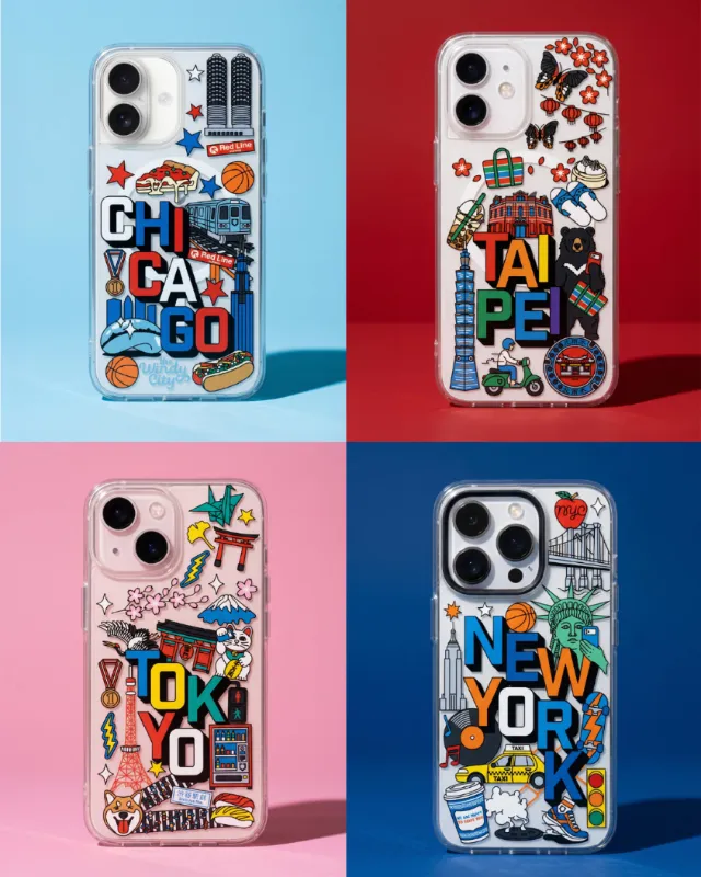 Four phone cases featuring illustrations of Chicago, Taipei, Tokyo, and New York