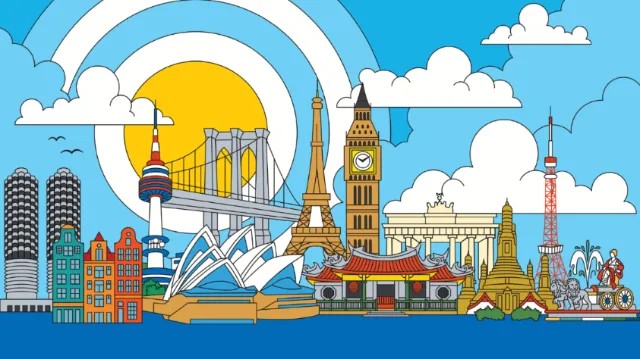 Colorful illustration of famous global city landmarks by Season of Victory