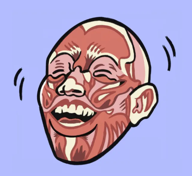 Laughing man with exposed facial muscles illustration by Augie Trautz