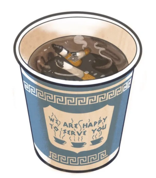 Anthora paper coffee cup with two cigarettes in ashes by Augie Trautz