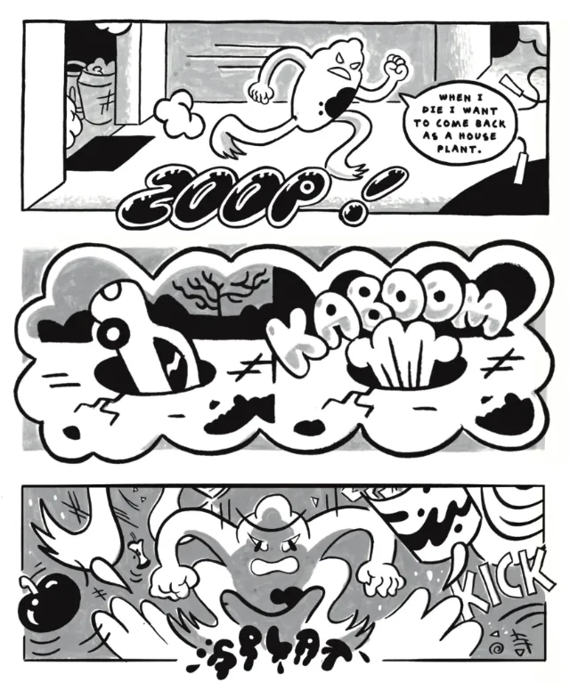 Comic strips featuring a frog-like character running and setting traps by Augie Trautz