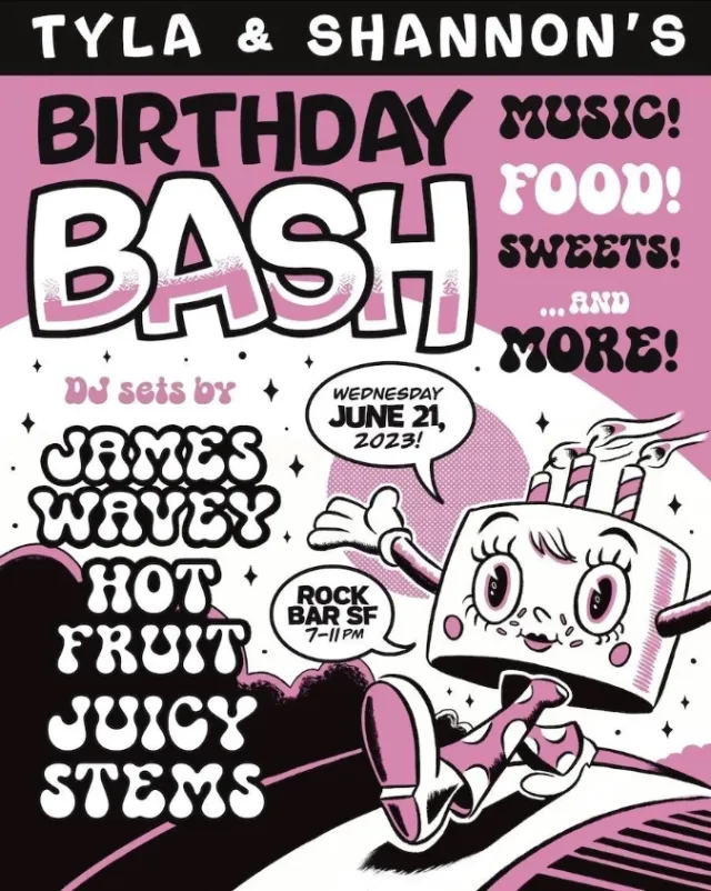 Birthday bash poster with music and food details by Augie Trautz
