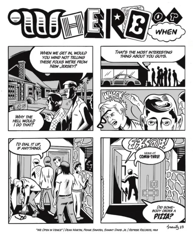 Black and white comic strip of 1960s teenagers entering a house party by Augie Trautz