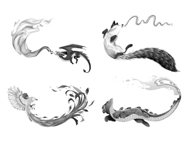 Black and white fantasy creature illustrations by Luiza Laffitte