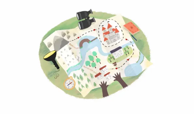 Adventure map with castle, river, compass, binoculars, hands; art by Dalia Awad