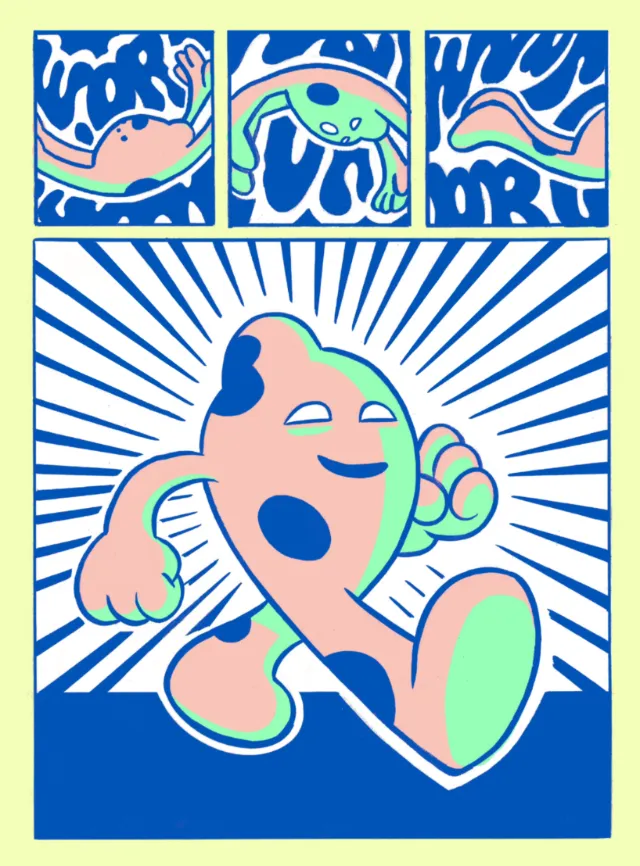 Comic panels of frog-like character dancing and walking, by Augie Trautz