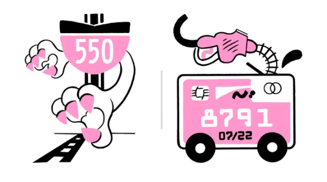 Illustrations of credit score gauge and credit card with fuel pump by Augie Trautz