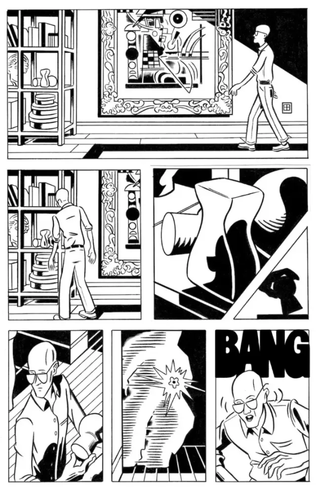 Comic page showing man inspecting corridor then attacked cartoon by Augie Trautz