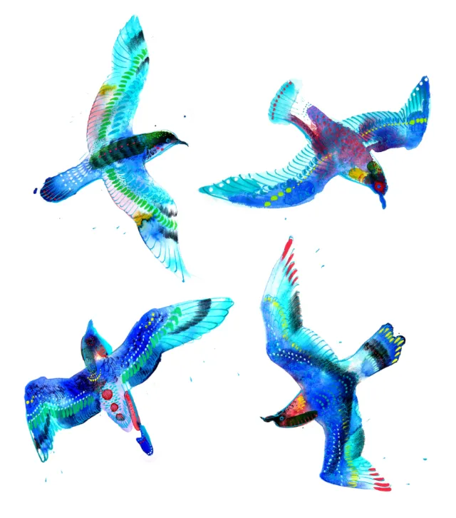 Vibrant blue and multicolored birds flying, artwork by Maki Yamaguchi