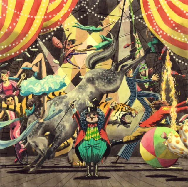 Circus scene with acrobats, animals, and ringmaster by Maki Yamaguchi