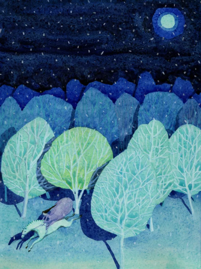 Moonlit forest scene with a figure lying among glowing trees by Maki Yamaguchi