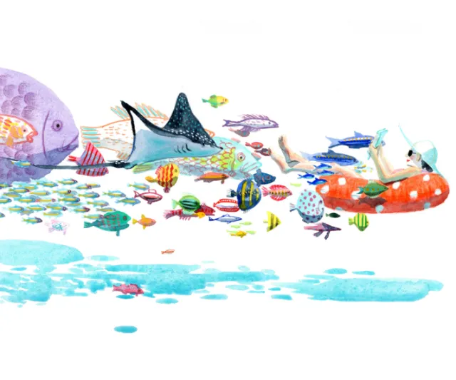 Child in orange float among colorful fish and sea creatures by Maki Yamaguchi