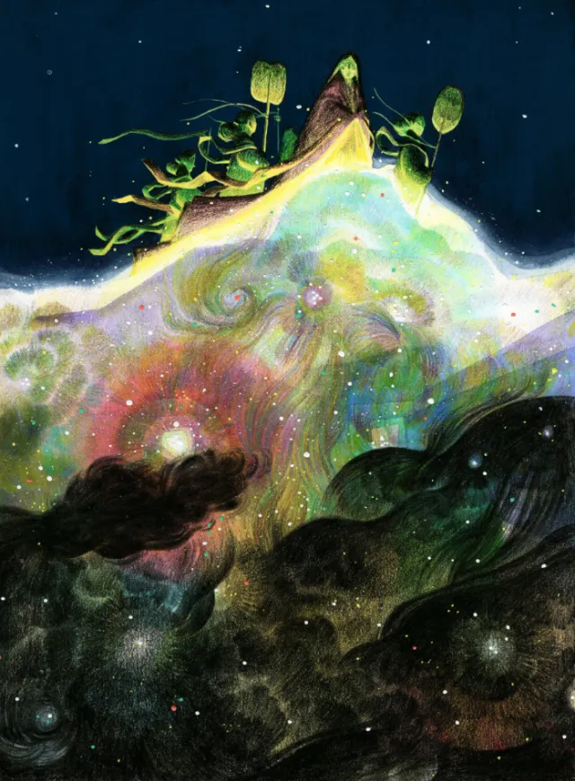 Kaguya-hime emerging from glowing bamboo stalks in a cosmic scene by Maki Yamaguchi