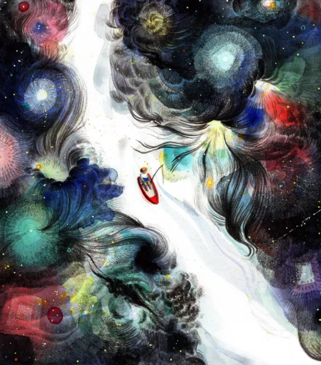 A boat sailing through an abstract cosmic scene by Maki Yamaguchi