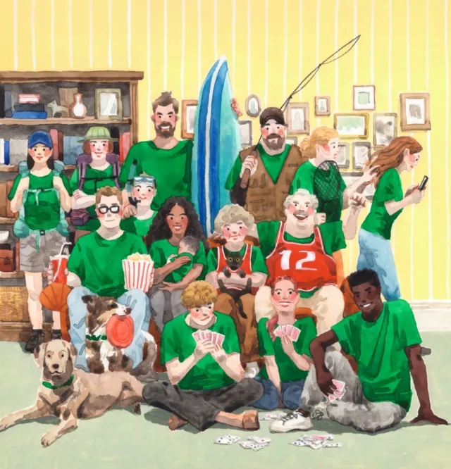 Family gathered watching football with snacks and a dog by Maki Yamaguchi