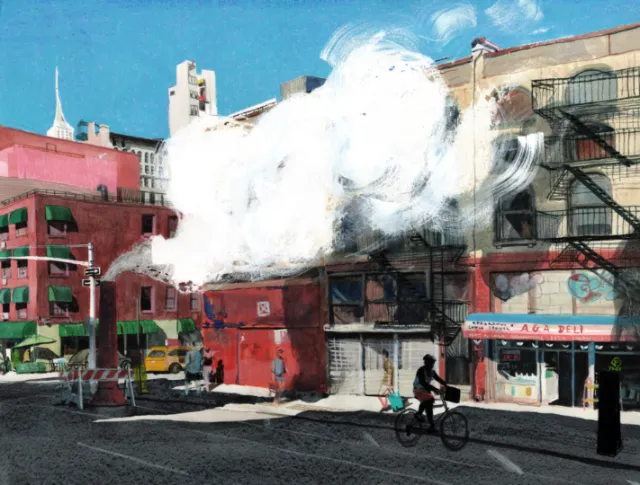 A person cycling in an urban street with a large white smoke plume, by Maki Yamaguchi