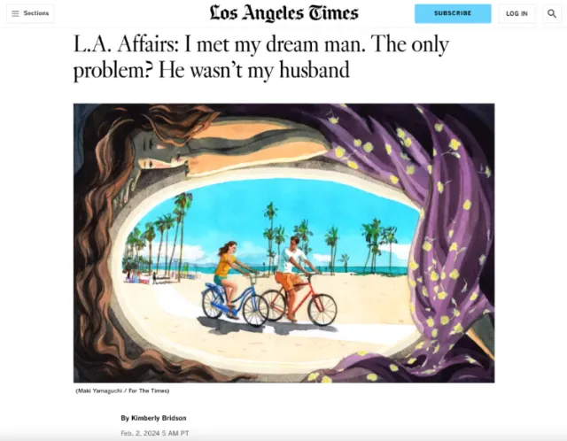 Illustration for L.A. Affairs column by Maki Yamaguchi showing a couple biking