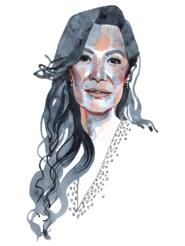 Mixed media portrait of Michelle Yeoh by Maki Yamaguchi