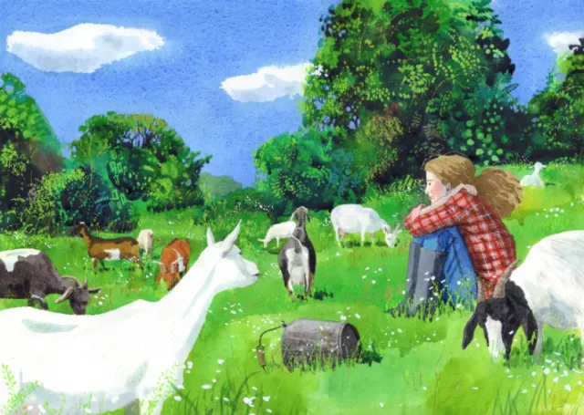 Watercolor of girl sitting in pasture surrounded by goats by Maki Yamaguchi