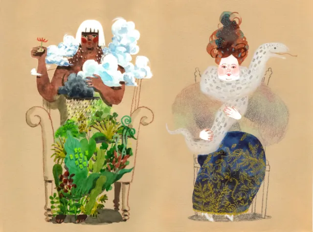 Two stylized goddesses with floral and cloud motifs by Maki Yamaguchi