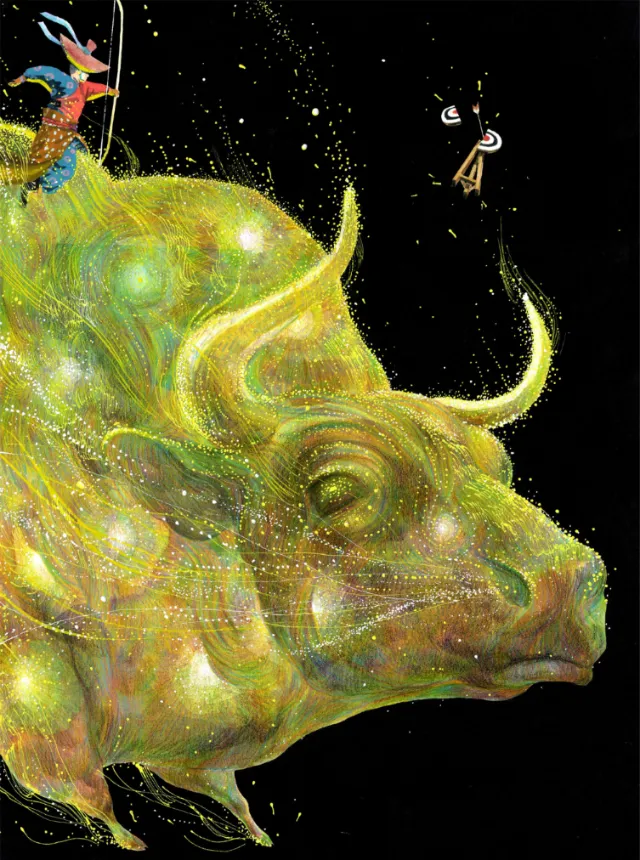 Golden bull with Yabusame archer on black background by Maki Yamaguchi