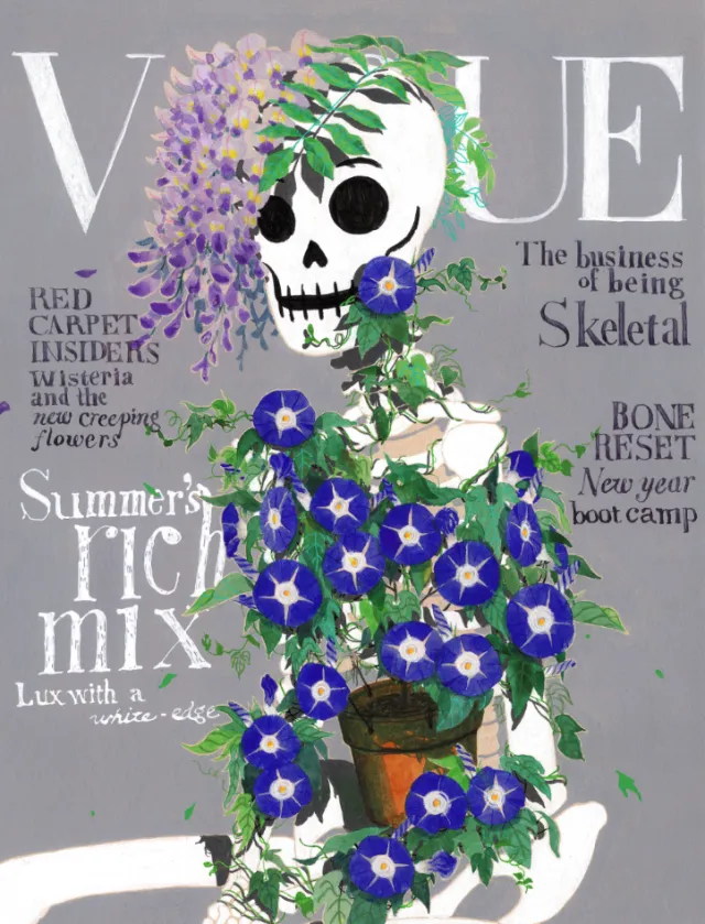 Skeleton wrapped in purple flowers and green leaves by Maki Yamaguchi