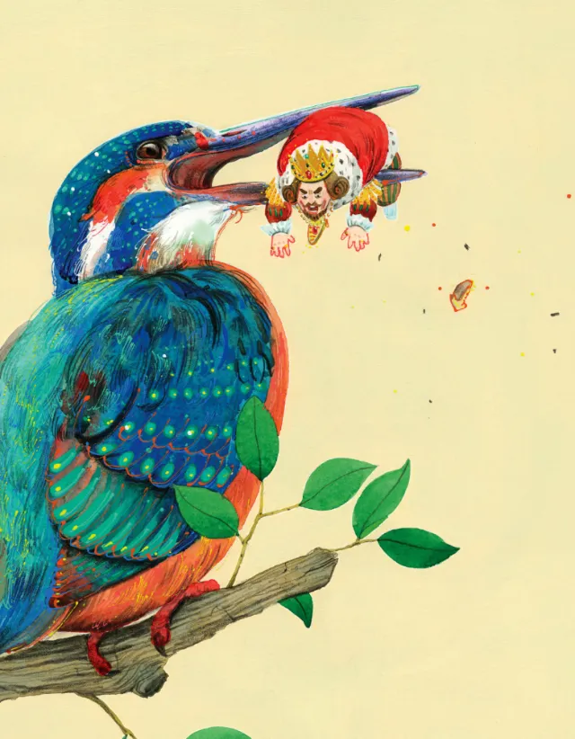 Kingfisher holding a tiny fisherman in its beak, illustration by Maki Yamaguchi