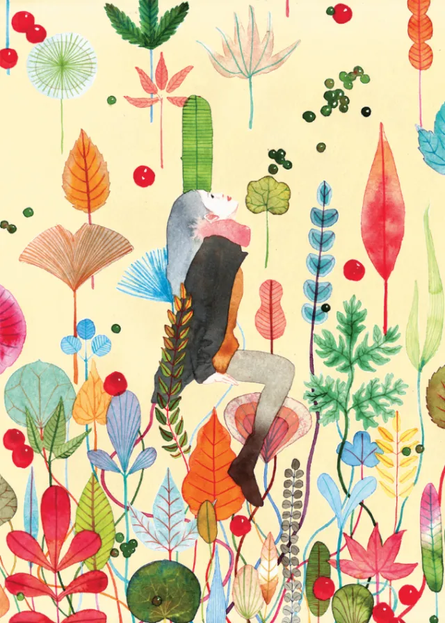 Watercolor of woman embracing fall leaves by Maki Yamaguchi