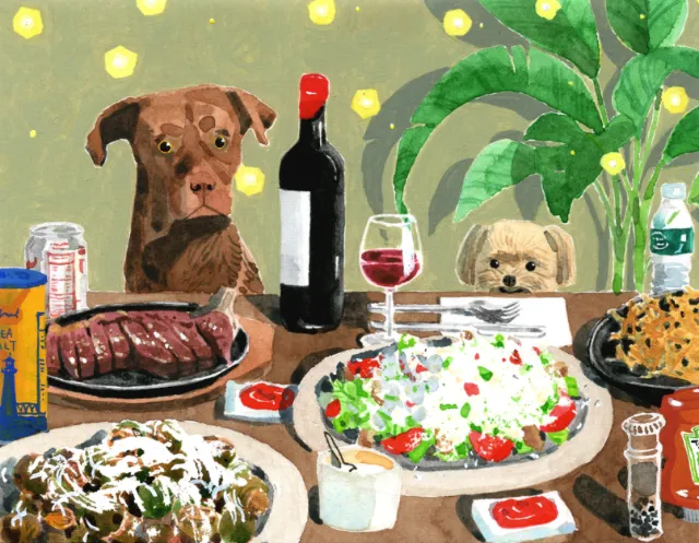 Illustration of two dogs at a dinner table with food and wine by Maki Yamaguchi