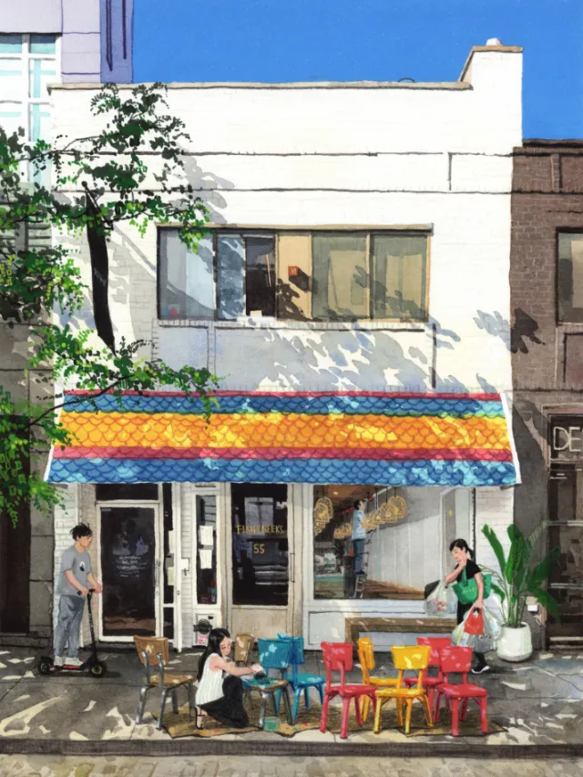 Illustration of four Fish Cheeks restaurant partners preparing with colorful chairs