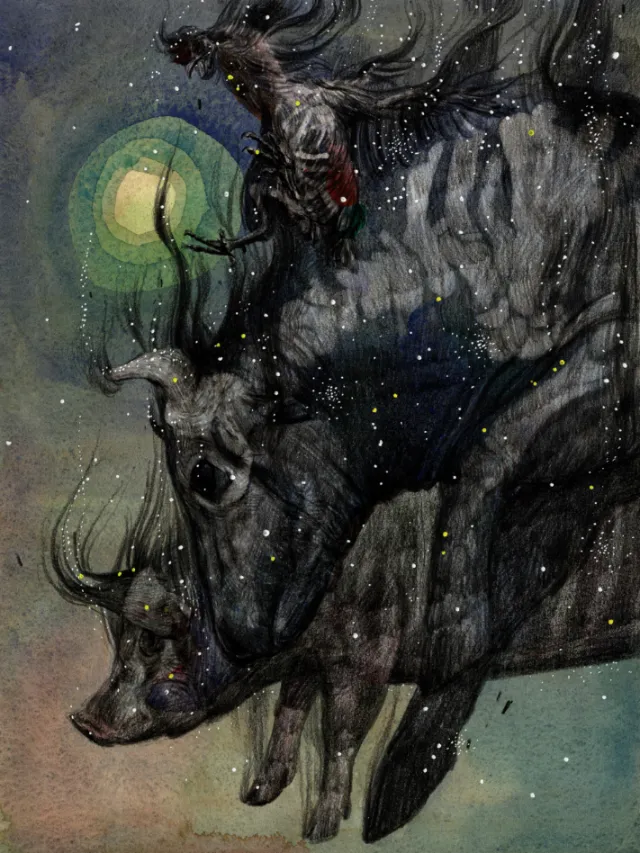 Semi-transparent farm animals under moonlight by Maki Yamaguchi