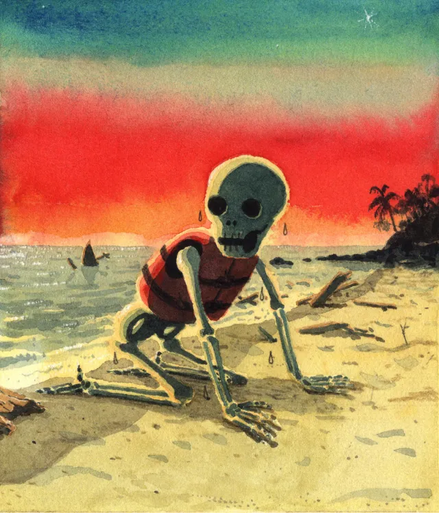 Skeleton crawling on beach with sunset and palm trees by Maki Yamaguchi