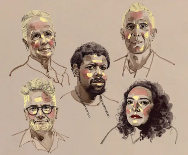 Illustration of five diverse philosophers and activists by Maki Yamaguchi