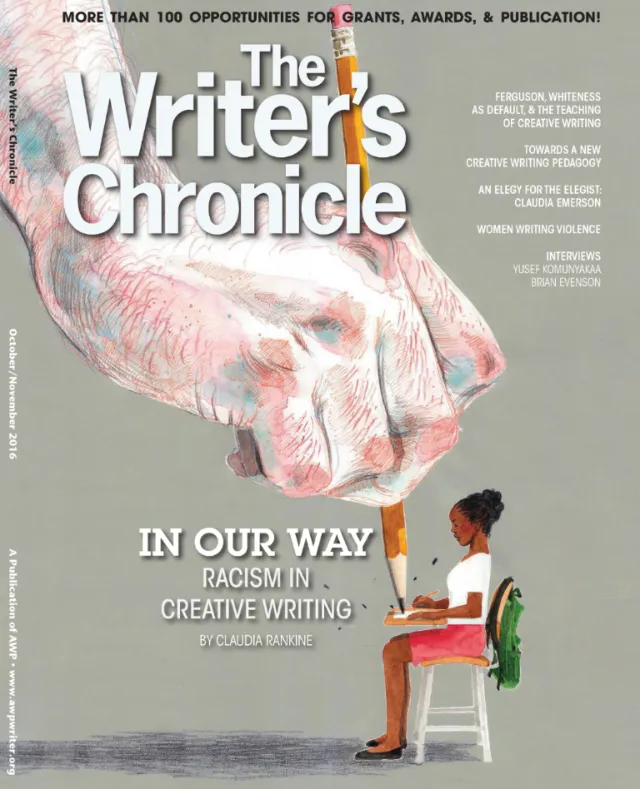 Illustration of large hand pulling a pencil from a seated writer by Maki Yamaguchi