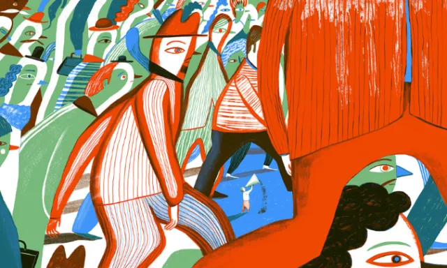 Colorful abstract crowd scene with a prominent red figure by Anne Wilson