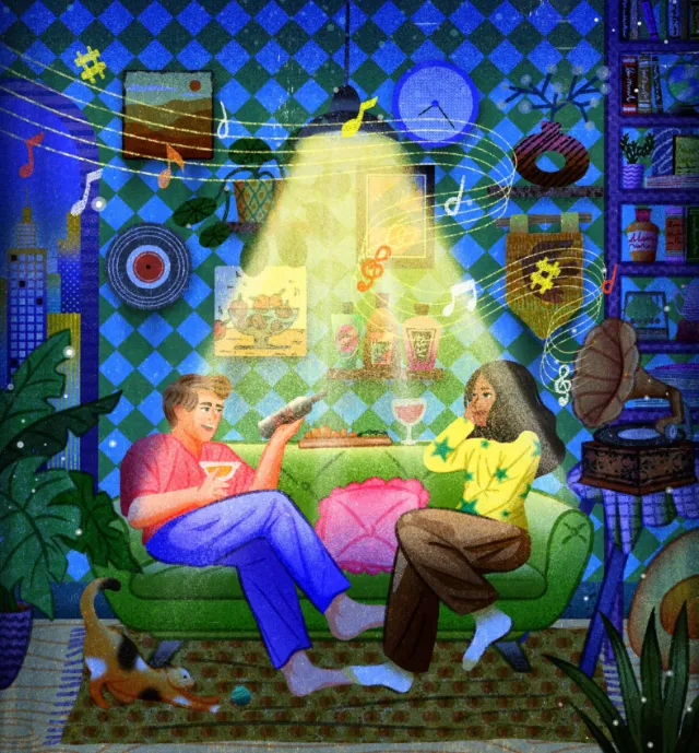 Couple drinking wine on couch under spotlight with musical notes by Oliver Li
